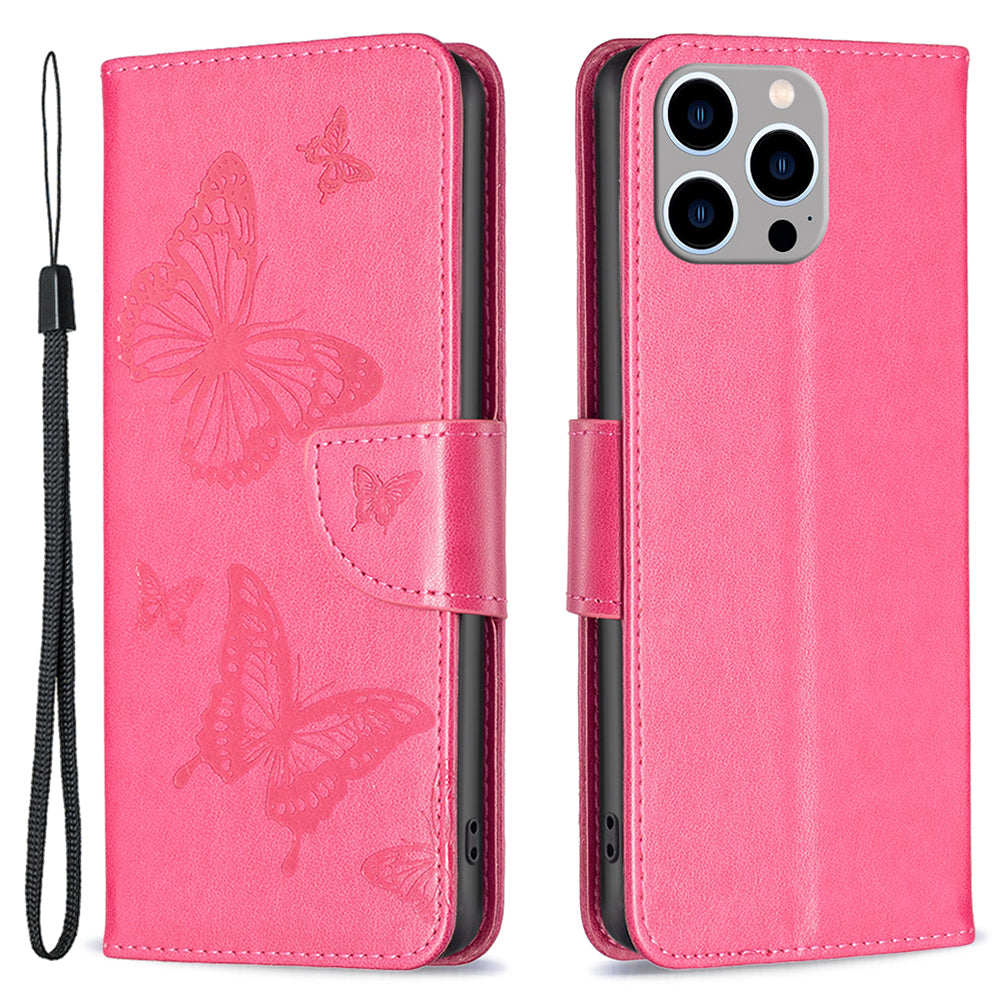 Uniqkart for iPhone 15 Pro Max Flip Case Butterfly Imprinted Leather Anti-Dust Stand Wallet Phone Cover with Strap - Rose Uniqkart for iPhone 15 Pro Max Flip Case Butterfly Imprinted Leather Anti-Dust Stand Wallet Phone Cover with Strap - Rose